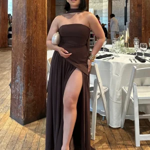Chic Brown Scarf Neck Sleeveless Dresses 2025 Women's Off Shoulder Gauze Vestidos Summer A-line Long Robes Beach Party Vocation
