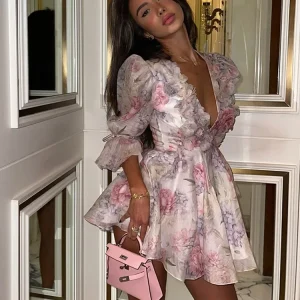 2025 Elegant Flare Sleeve V Neck Mini Dresses Women Hollow Out Pleat Party Gown Summer Casual Beach Holiday Dinner Vestidos Lady